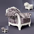 Vintage Single Sofa With White Carved Frame And Purple Floral Fabric Cushions And Tassels