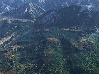 Aerial View Of Mountainous Landscape With Lush Green Forest And Winding River 3d model