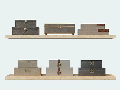 Wooden Decorative Ornament Set with Stacked Multicolored Boxes and Metal Clasps on Shelves 3d model
