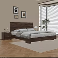 Modern Natural Bedroom With Wooden Headboard Bed Gray White Bedding Table Lamp And Potted Plant
