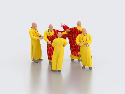 Group of People in Yellow and Red Robes Standing Together and Interacting 3d model