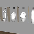 White Urinals Arranged In Row With Black Partitions On Gray Wall In Modern Public Restroom