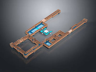 Traditional Courtyard Architectural Model With Wooden Corridors Blue Ponds And Square Frames 3d model