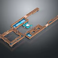 Traditional Courtyard Architectural Model With Wooden Corridors Blue Ponds And Square Frames
