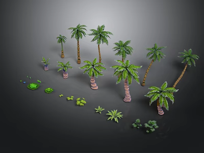 Various Sizes And Types Of Palm Trees With Small Green Plants Arrangement 3d model