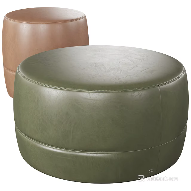 Elegant Green Leather Round Ottoman With Brown Accent For Modern Living Room 3d model 