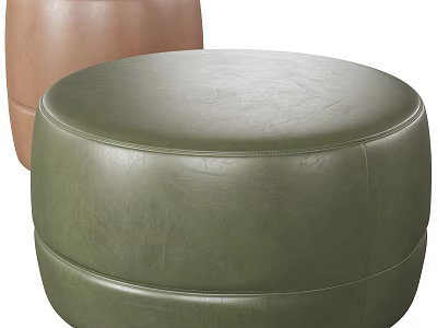 Elegant Green Leather Round Ottoman With Brown Accent For Modern Living Room 3d model