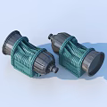 Two Green Industrial Equipment Mechanical Components With Cylindrical Metal Structure And Connection Ports