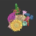 Colorful Flower Arrangement With Sunflower Pink Purple Blooms And Green Leaves