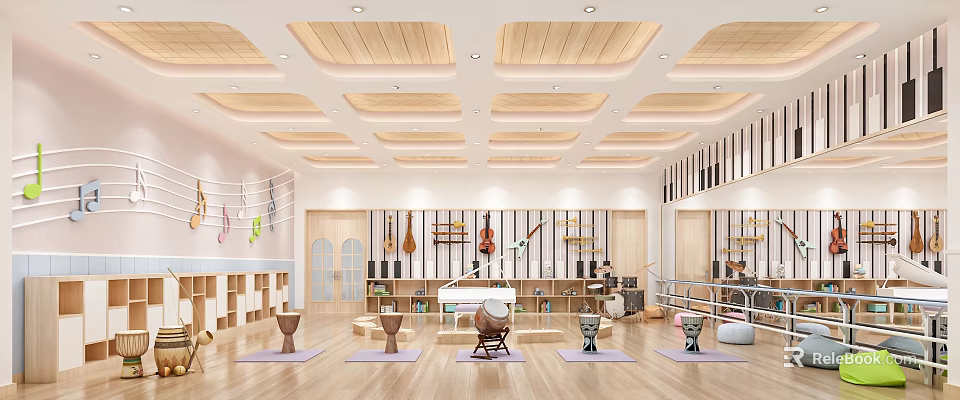 Kindergarten Music Activity Room Featuring Musical Instruments Yoga Mats Bookshelves And Wooden Ceiling 3d model 