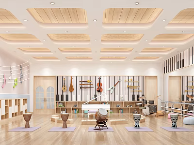 Kindergarten Music Activity Room Featuring Musical Instruments Yoga Mats Bookshelves And Wooden Ceiling 3d model