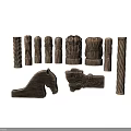 Wooden Carved Decorative Ornament Set Featuring Various Shapes Including Face Horse And Patterned Pillars