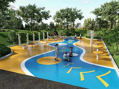 Outdoor Playground Equipment For Children On Colorful Surface With Trees And Greenery 3d model