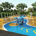 Outdoor Playground Equipment For Children On Colorful Surface With Trees And Greenery
