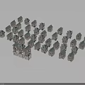 Small Building Models With Blue Roofs And White Walls Arranged On Gray Background For