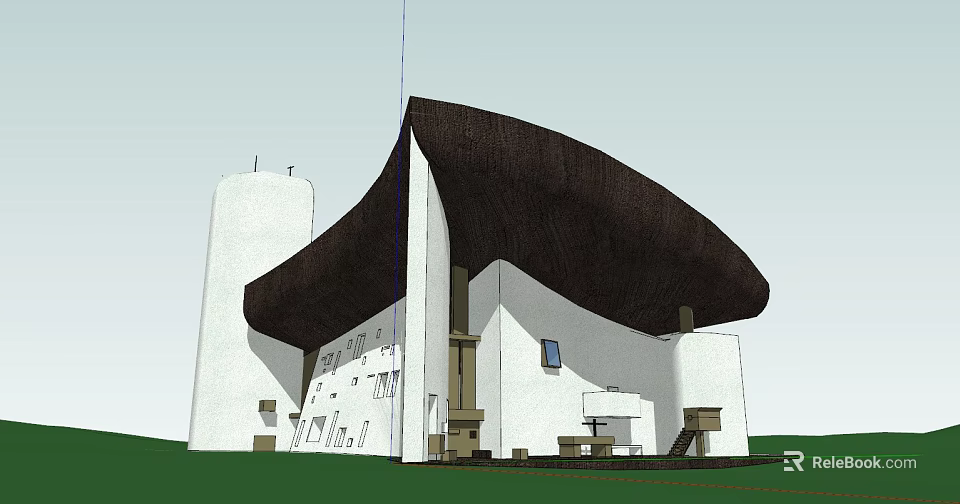 Unique Architecture With Curved Dark Roof White Exterior And Cylindrical Tower Structure 3d model 