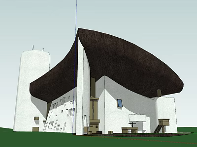 Unique Architecture With Curved Dark Roof White Exterior And Cylindrical Tower Structure 3d model