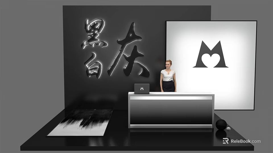 Modern Reception Desk with Receptionist Large Screen M Heart Logo Laptop and Black White Background 3d model 