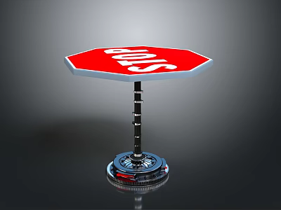Red Octagonal Stop Sign With Mechanical Metal Base And Support Structure 3d model