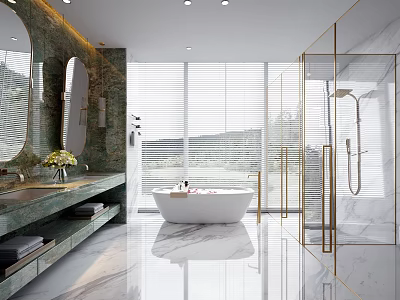 Modern Bathroom Interior Design With Freestanding Bathtub Glass Shower Large Mirror And Marble Countertop 3d model