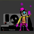 Cartoon Character With Pink Hat Holding Electronic Device Next To Polaroid Camera