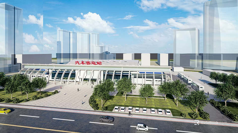 Modern Bus Terminal Building With Glass Facade Parking Area And Landscaped Square 3d model 