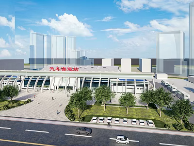 Modern Bus Terminal Building With Glass Facade Parking Area And Landscaped Square 3d model