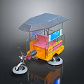 Yellow Three Wheeled Tricycle With Gray Canopy Pink Seat And Blue Signboard