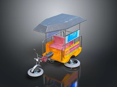 Yellow Three Wheeled Tricycle With Gray Canopy Pink Seat And Blue Signboard 3d model