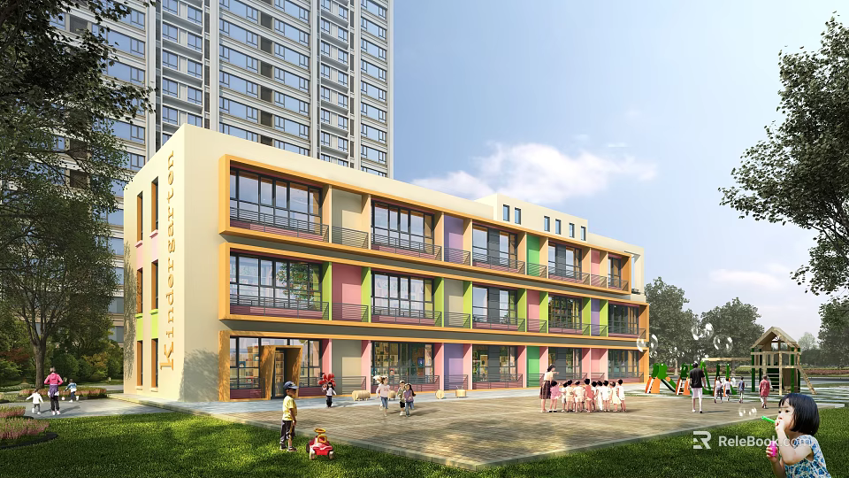 Colorful Modern Multistory School Building with Large Windows Playground and Children Playing 3d model 