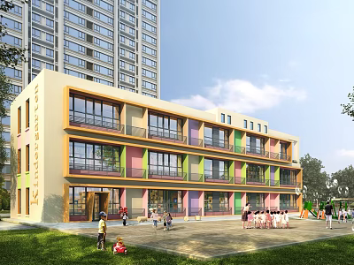 Colorful Modern Multistory School Building with Large Windows Playground and Children Playing 3d model