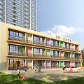 Colorful Modern Multistory School Building with Large Windows Playground and Children Playing