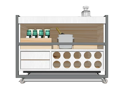 Modern Mobile Kitchen Cart With White Wooden Design Drawer And Green Jars 3d model