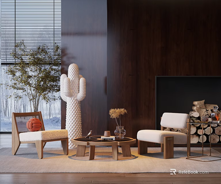Modern Living Room Interior With Stylish Lounge Chairs Wooden Coffee Table And Decorative Sculpture 3d model 