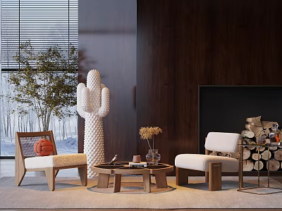 Modern Living Room Interior With Stylish Lounge Chairs Wooden Coffee Table And Decorative Sculpture 3d model