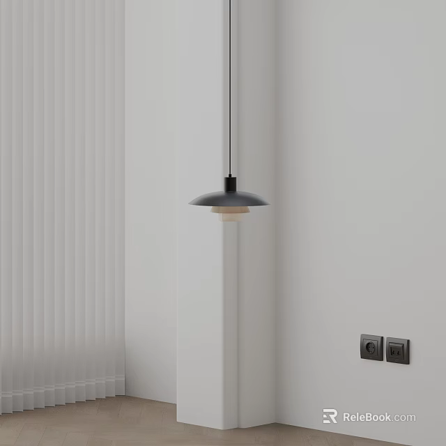 Black Lampshade Pendant Light Hanging In White Room With White Wall And Window Blind 3d model 