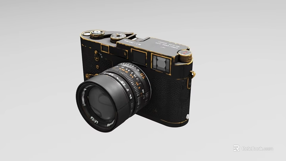 Vintage Industrial Camera With Black Body Gold Accents And Functional Lens 3d model 