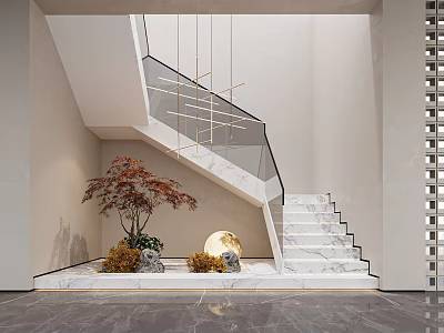 Modern Interior Staircase Featuring Marble Steps Glass Railing Hanging Pendant Lights And Red Maple Decor 3d model