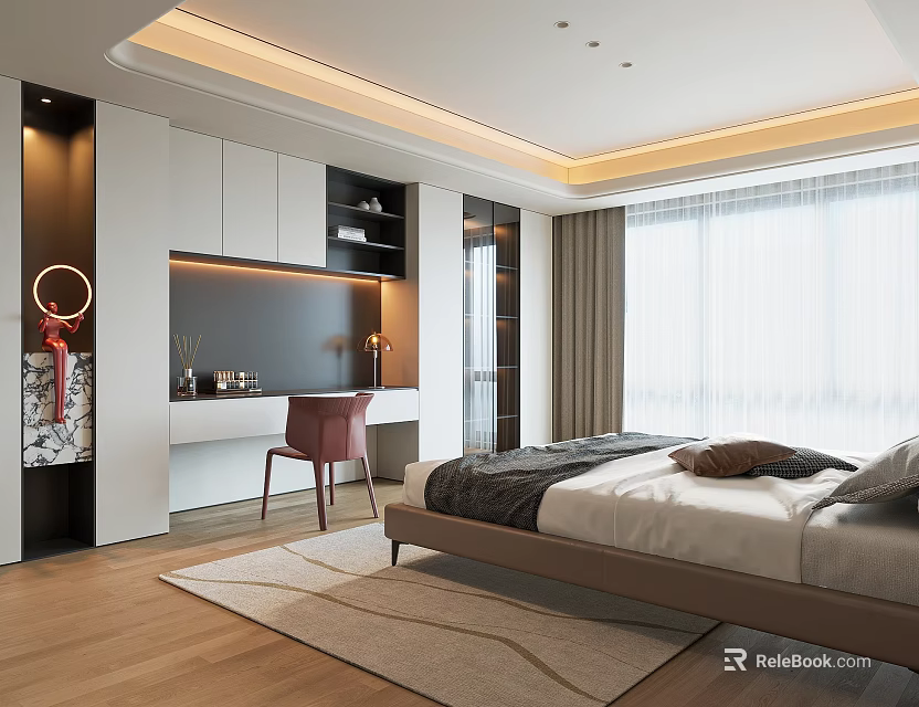 Modern Bedroom Interior With Comfortable Bed Desk Chair And Large Window Curtains 3d model 