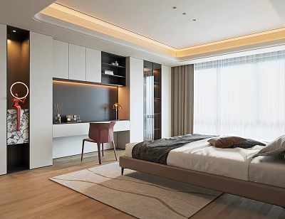 Modern Bedroom Interior With Comfortable Bed Desk Chair And Large Window Curtains 3d model