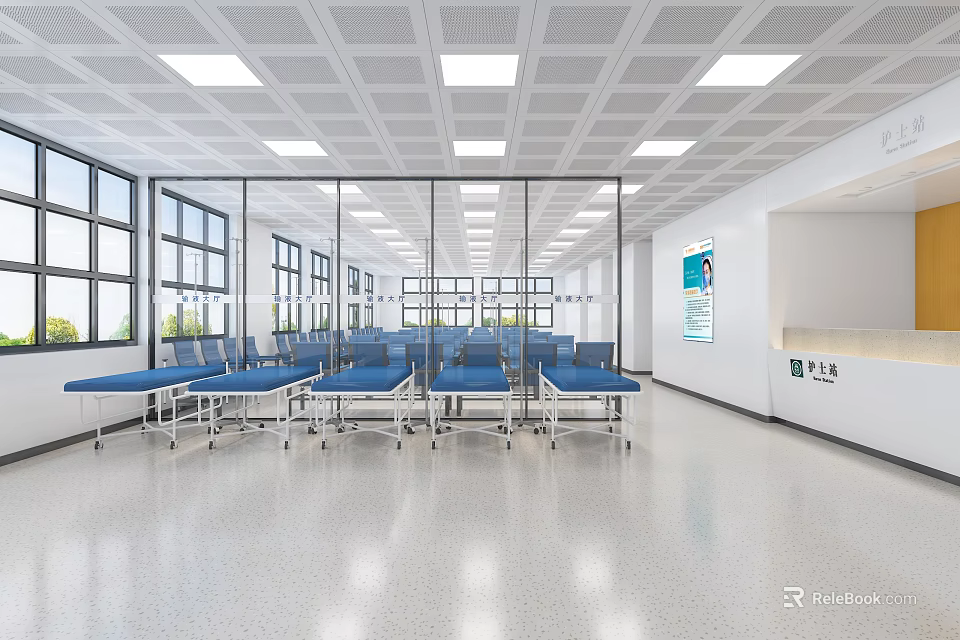 Bright Medical Clinic Room With Blue Beds Windows White Walls And Ceiling 3d model 
