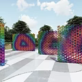 Modern Metal Sculpture In Outdoor Plaza With Green Grass And Trees