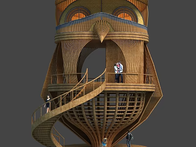Owl Shaped Architectural Structure With Spiral Staircase Latticed Wooden Deck And Arched Entrance 3d model