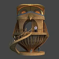Owl Shaped Architectural Structure With Spiral Staircase Latticed Wooden Deck And Arched Entrance