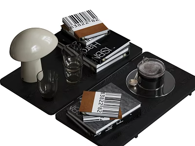 Modern Decorative Ornament Set with Mushroom Lamp Stacked Barcode Books Glass Cups and Black Tray 3d model