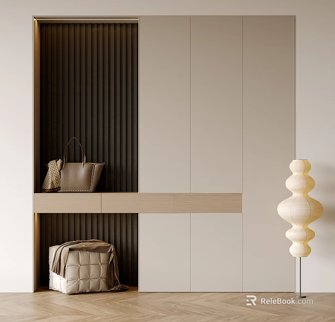 Modern Entryway Console Cabinet and Side Cabinet with Decorative Handbag Blanket and Floor Lamp 3d model 