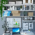 Functional Home Office Desk And Chair Set With Colorful Drawers Bookshelves And Plant
