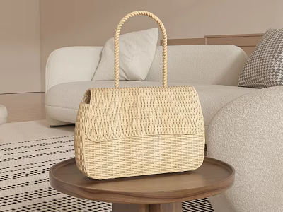 Woven Straw Bag On Wooden Table In Living Room 3d model