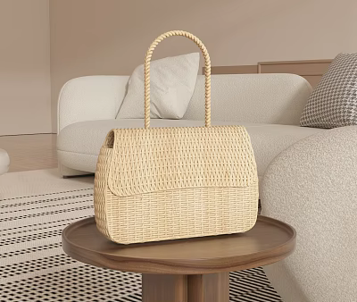 Woven Straw Bag On Wooden Table In Living Room 3d model