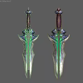 Detailed Decorative Swords With Green Glowing Blades And Purple Hilts Design